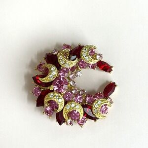 Vintage signed Samo Red Pink Rhinestone Gold-tone Brooch  1.5" Moon